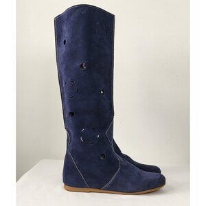 Blue Suede Boots Flower Cutouts Flat Soles Equestrian Costal Cowgirl Boho Summer